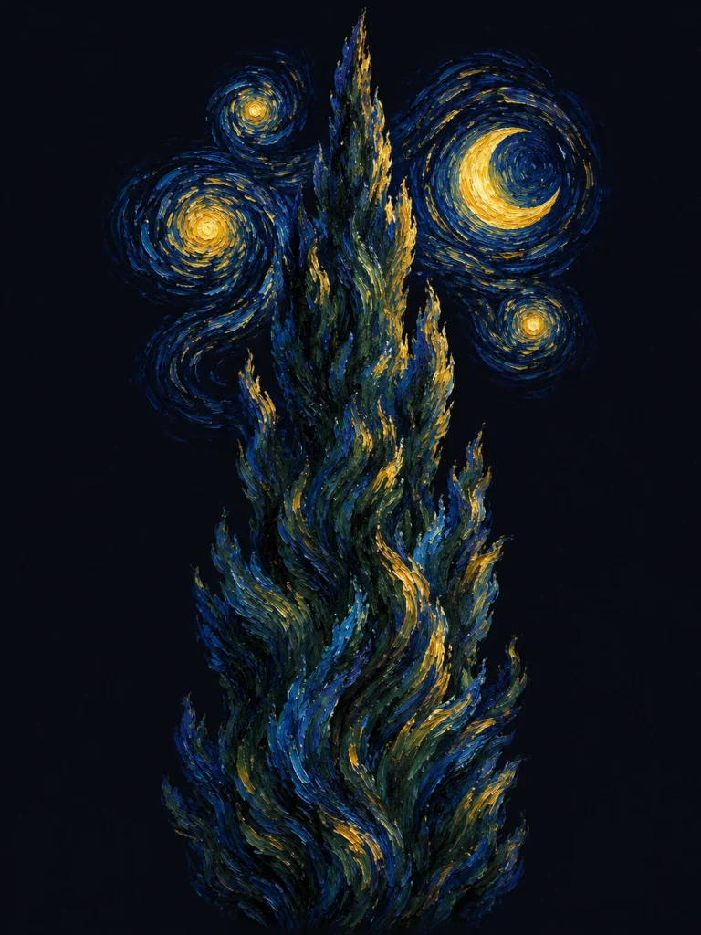 Van Gogh üslubunda yıldızlı gece altında servi ağacı