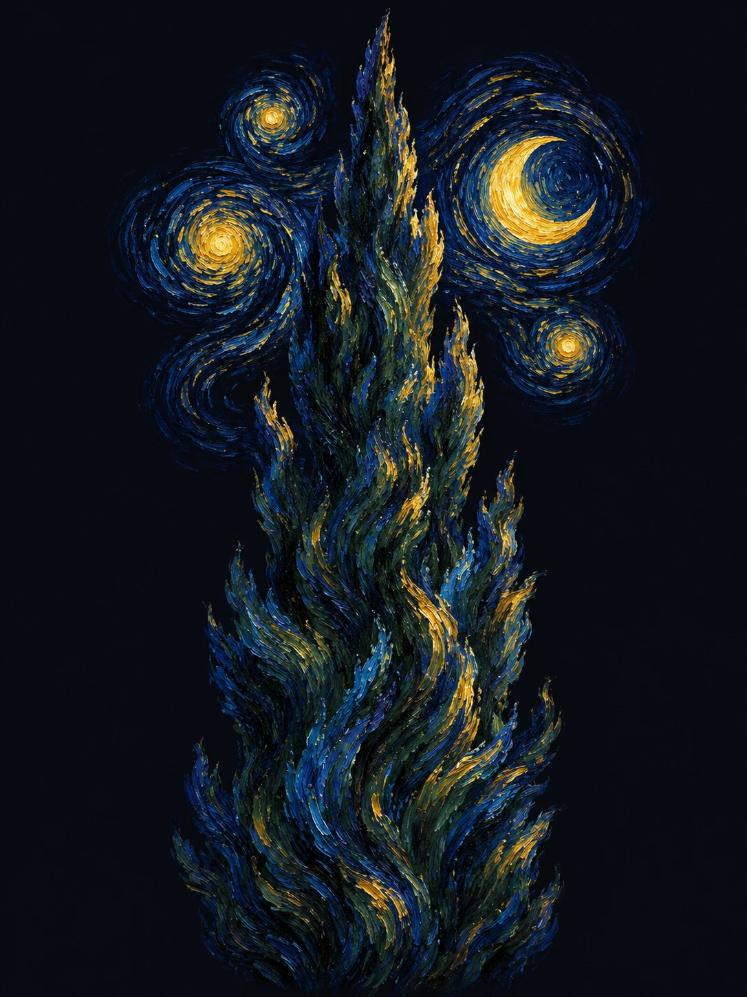 Van Gogh üslubunda yıldızlı gece altında servi ağacı